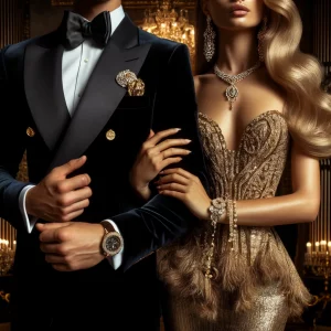 A highly opulent male and female embodying luxury and elegance, with the male in a custom-tailored black velvet tuxedo and the female in a regal evening gown.